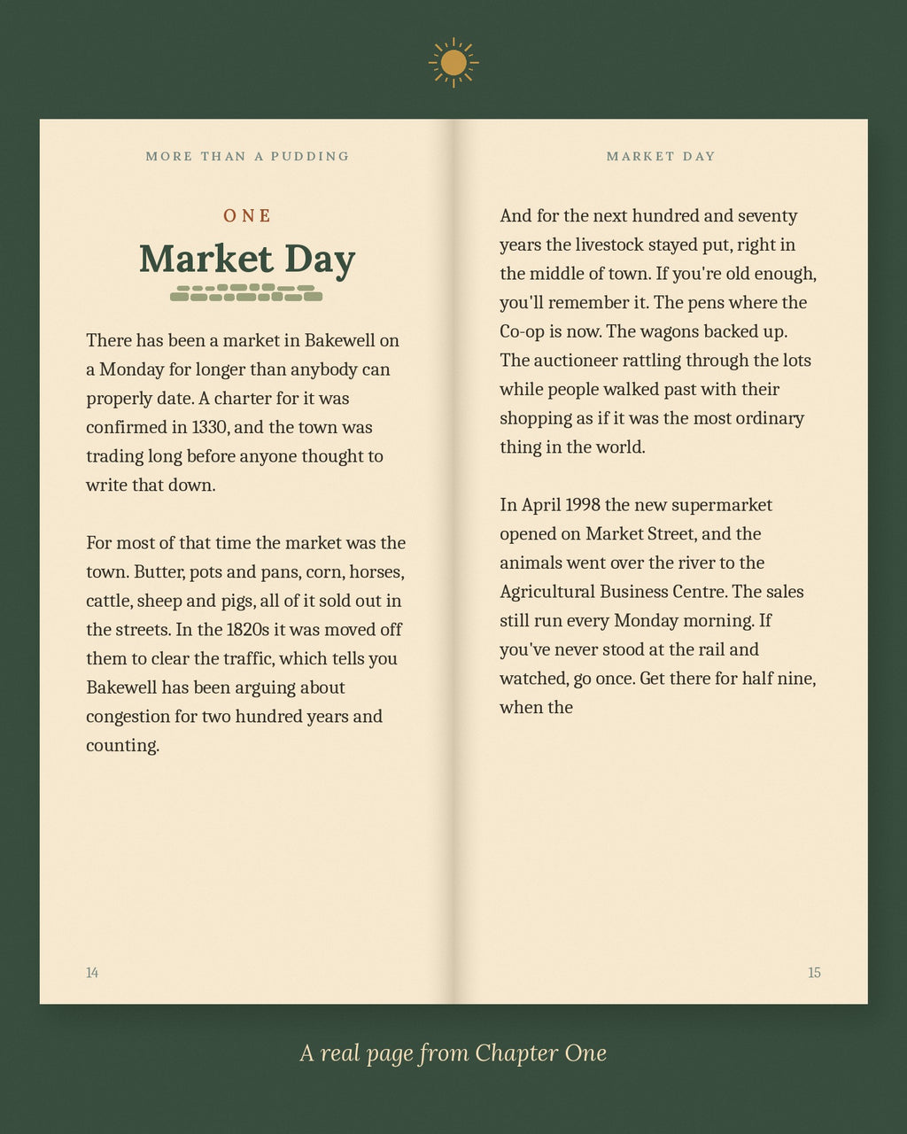 A two-page spread from Chapter One, Market Day, about Bakewell's old cattle market