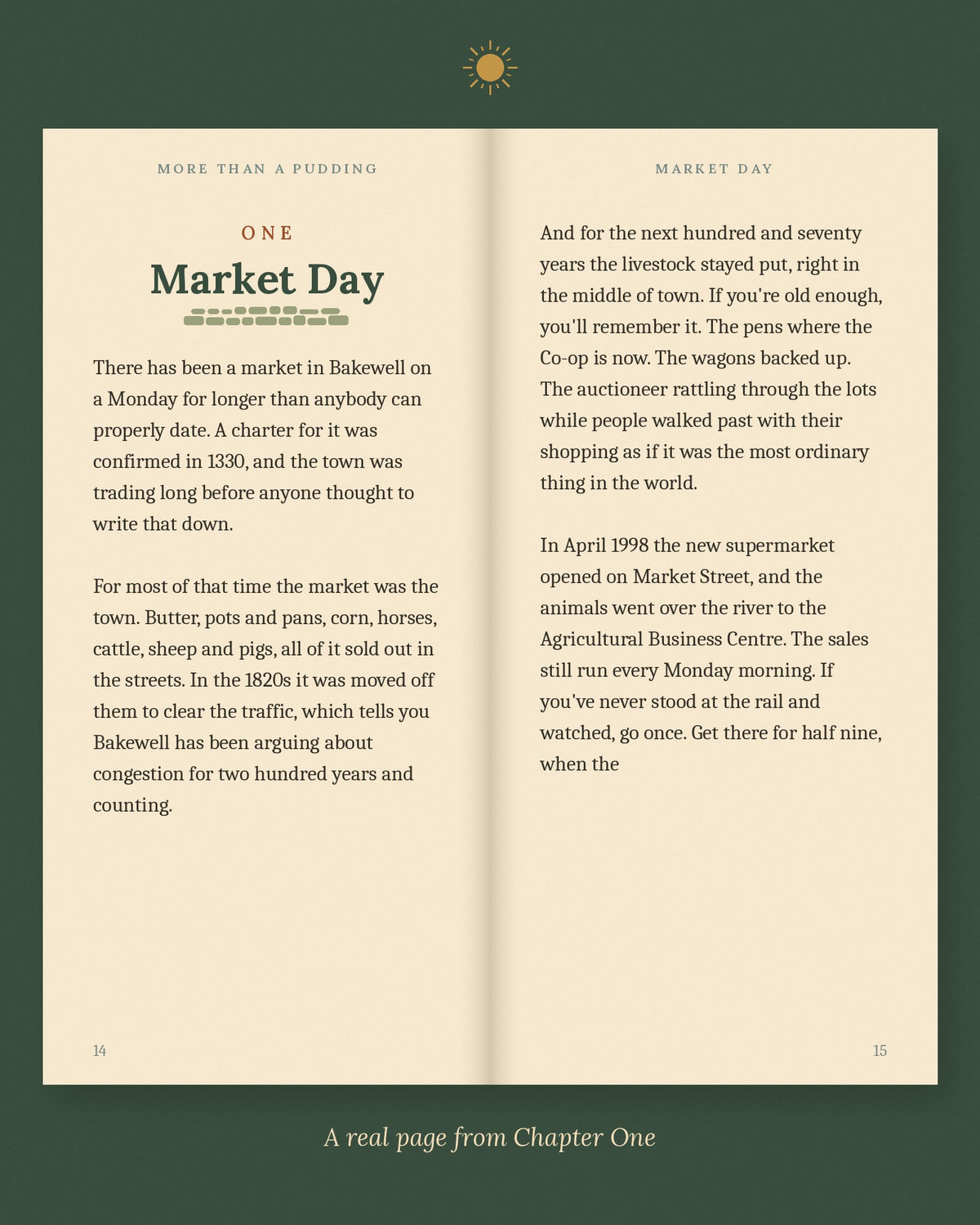 A two-page spread from Chapter One, Market Day, about Bakewell's old cattle market