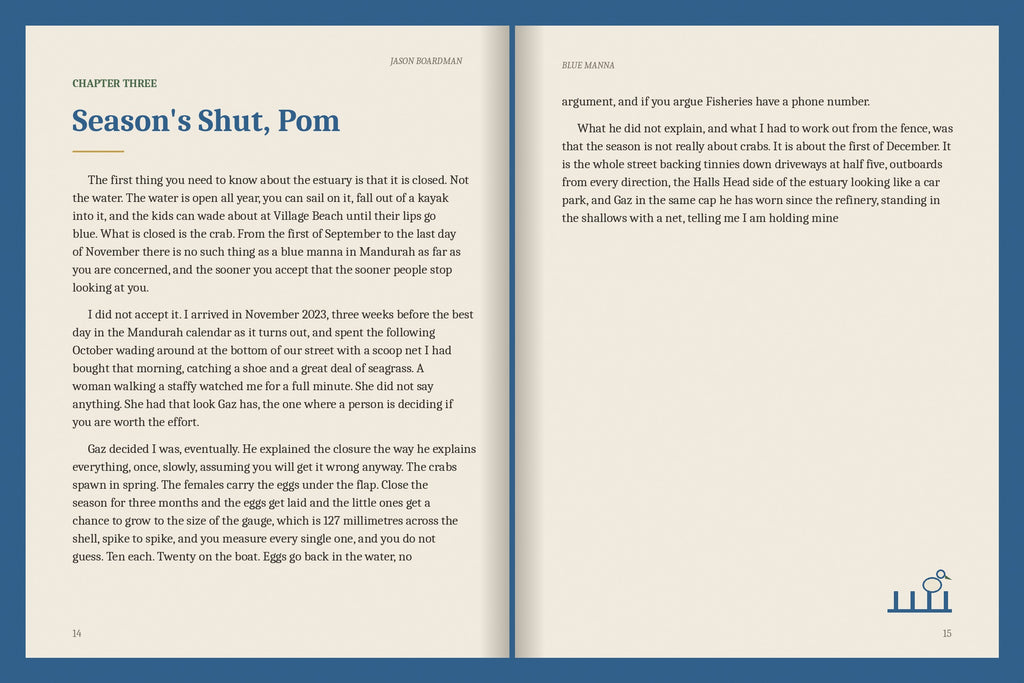 A real two-page spread from the Mandurah ebook, Chapter Three: Season's Shut, Pom