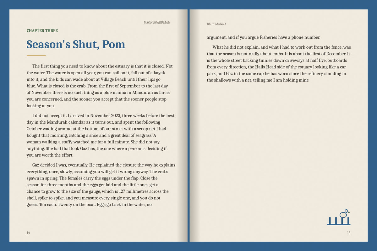 A real two-page spread from the Mandurah ebook, Chapter Three: Season's Shut, Pom