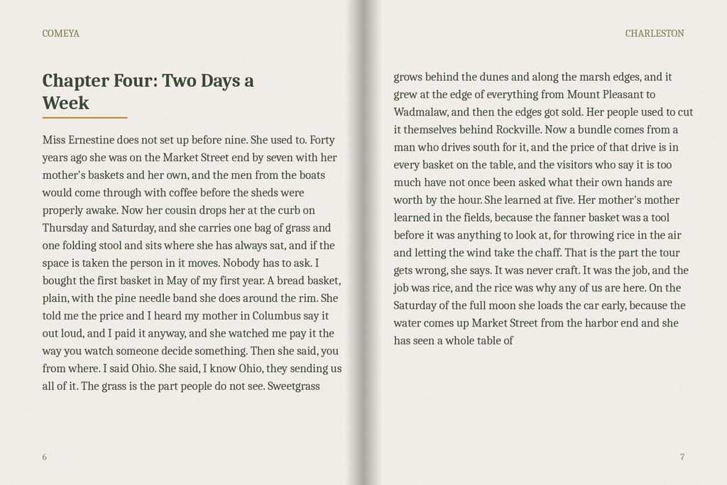 A real two-page spread from the Charleston ebook, Chapter Four: Two Days a Week