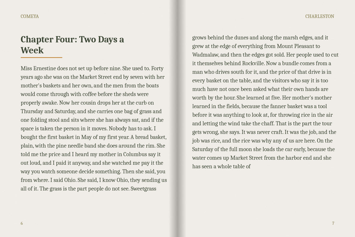 A real two-page spread from the Charleston ebook, Chapter Four: Two Days a Week