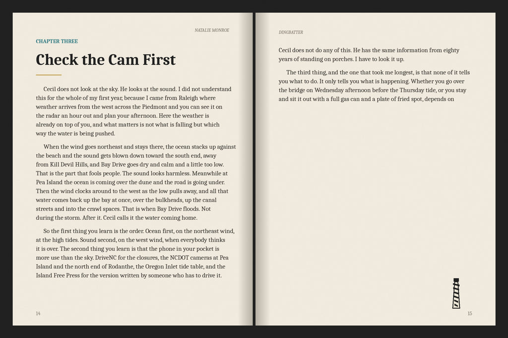 A real two-page spread from the Outer Banks ebook, Chapter Three: Check the Cam First