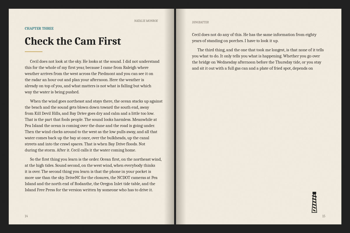A real two-page spread from the Outer Banks ebook, Chapter Three: Check the Cam First
