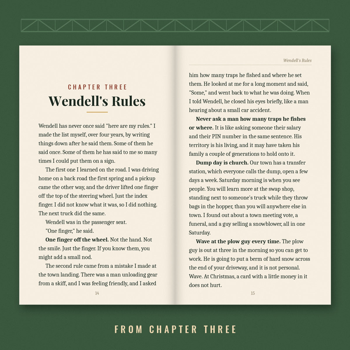 Two-page spread from Chapter Three, Wendell's Rules