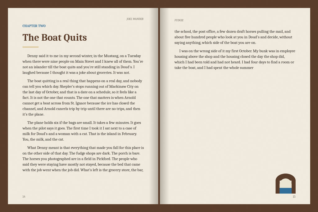 A real two-page spread from the Mackinac Island ebook, Chapter Two: The Boat Quits