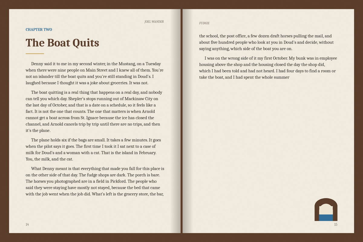 A real two-page spread from the Mackinac Island ebook, Chapter Two: The Boat Quits