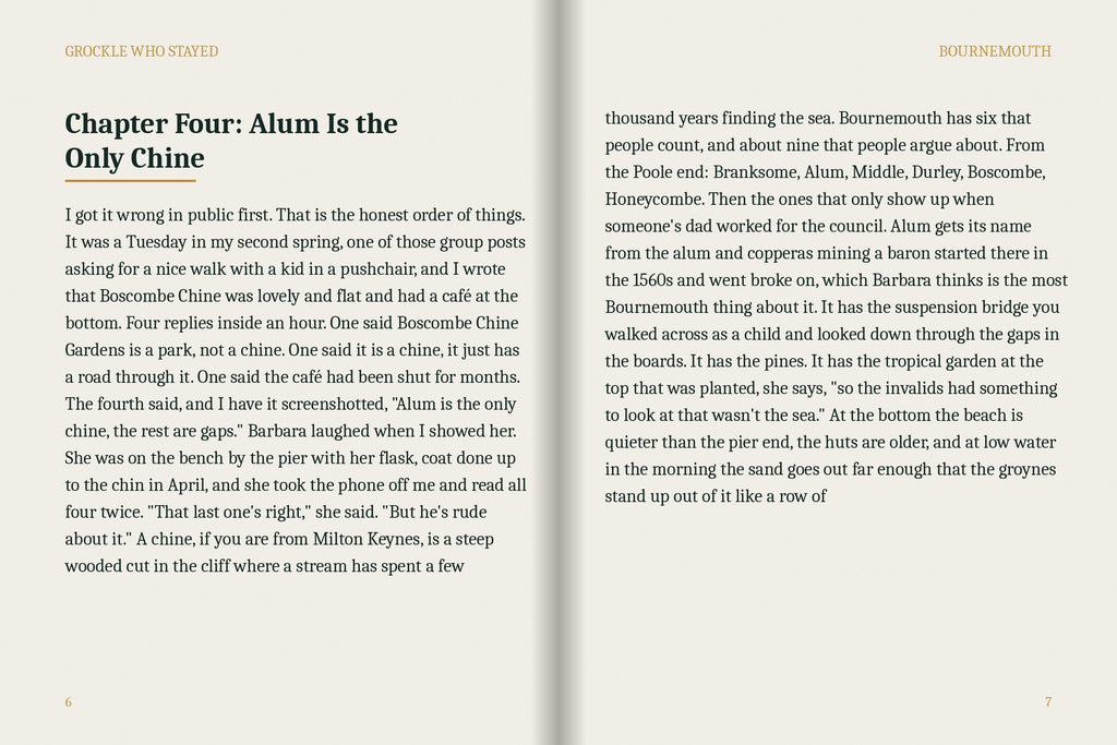 A real two-page spread from the Bournemouth ebook, Chapter Four: Alum Is the Only Chine