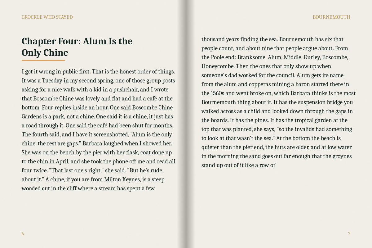 A real two-page spread from the Bournemouth ebook, Chapter Four: Alum Is the Only Chine