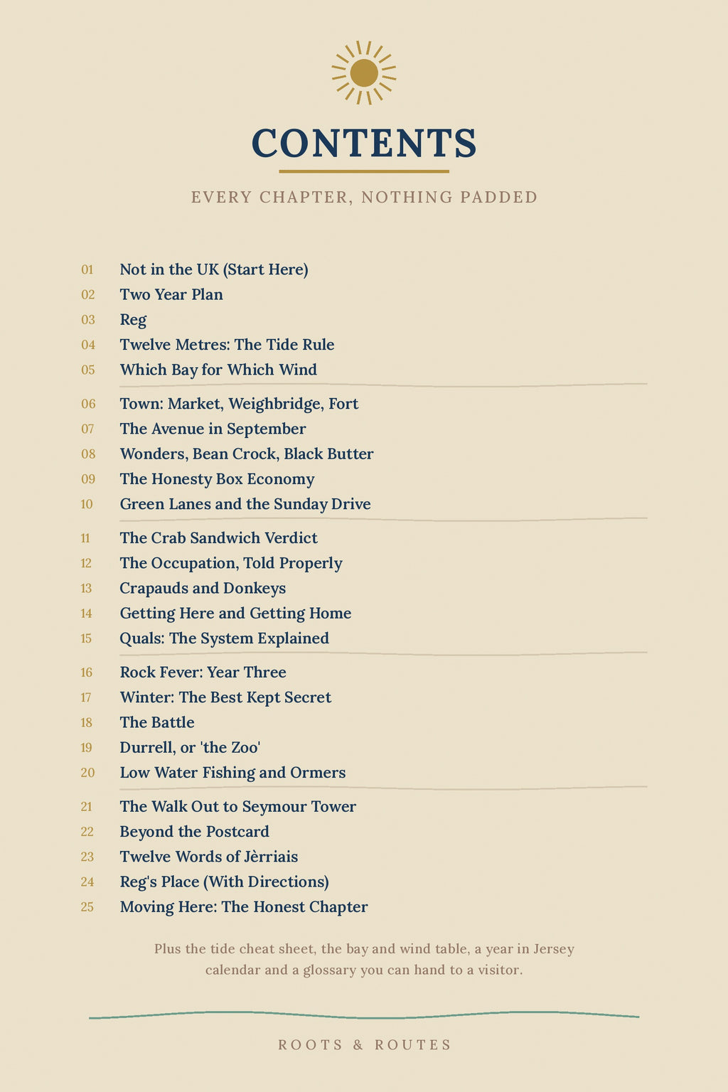 Full contents list, all 25 chapters of Jersey By Heart