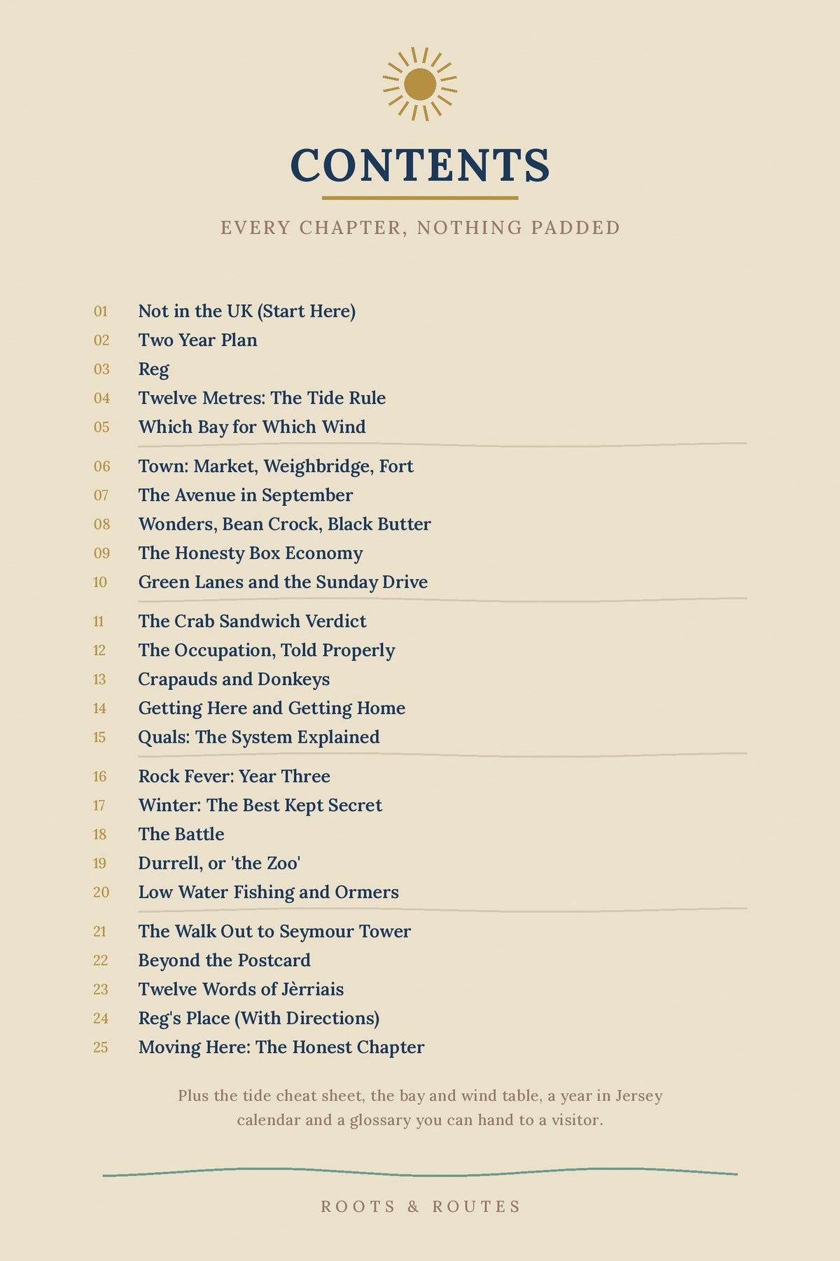 Full contents list, all 25 chapters of Jersey By Heart