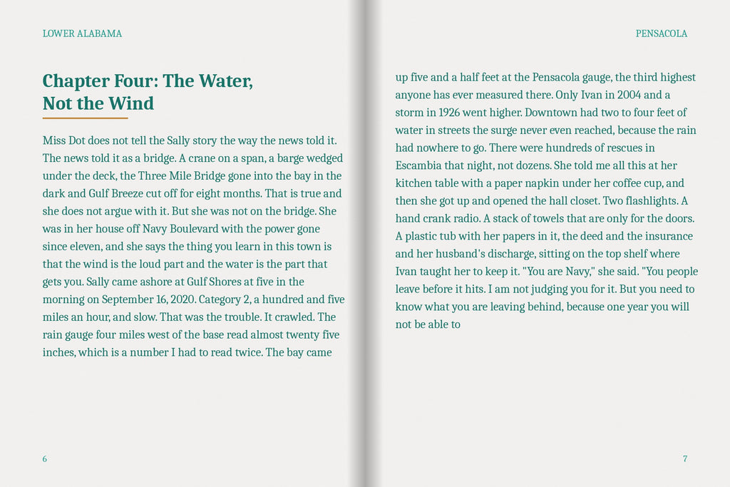 A real two-page spread from the Pensacola ebook, Chapter Four: The Water, Not the Wind