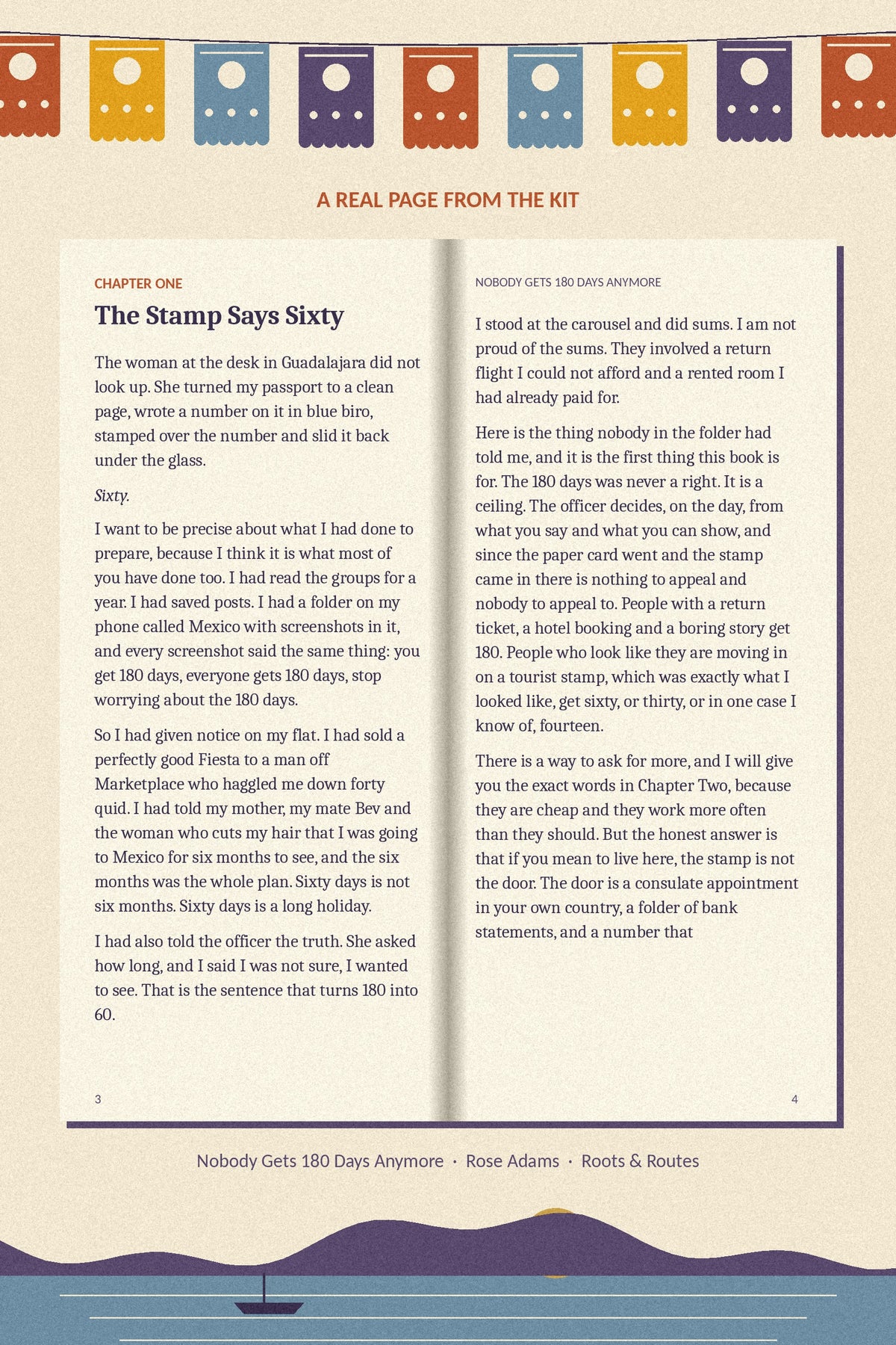A real two-page spread from Chapter One, The Stamp Says Sixty
