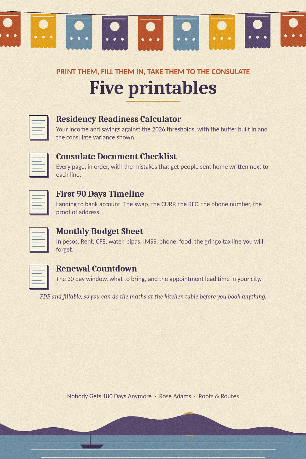 Five printables: residency calculator, consulate checklist, 90 day timeline, budget sheet, renewal countdown