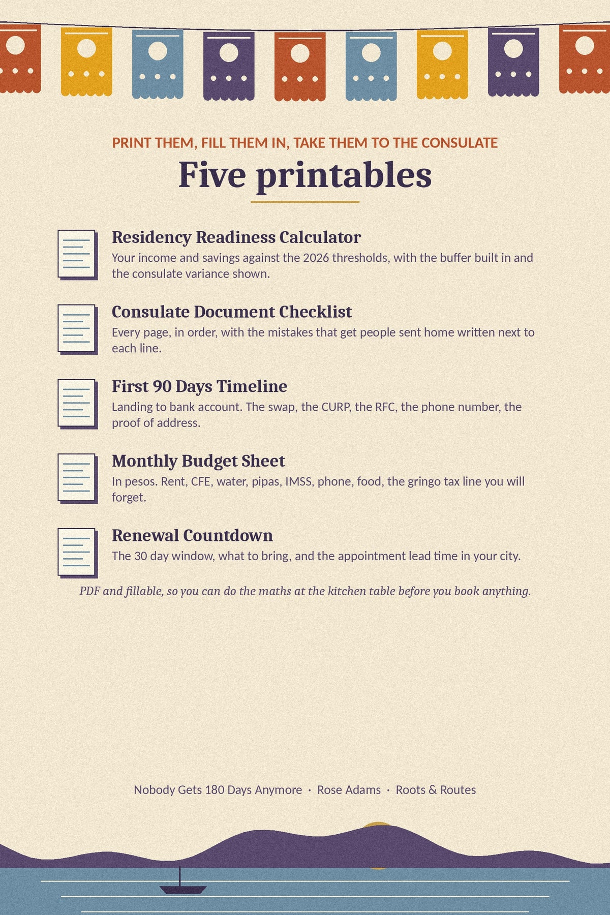Five printables: residency calculator, consulate checklist, 90 day timeline, budget sheet, renewal countdown