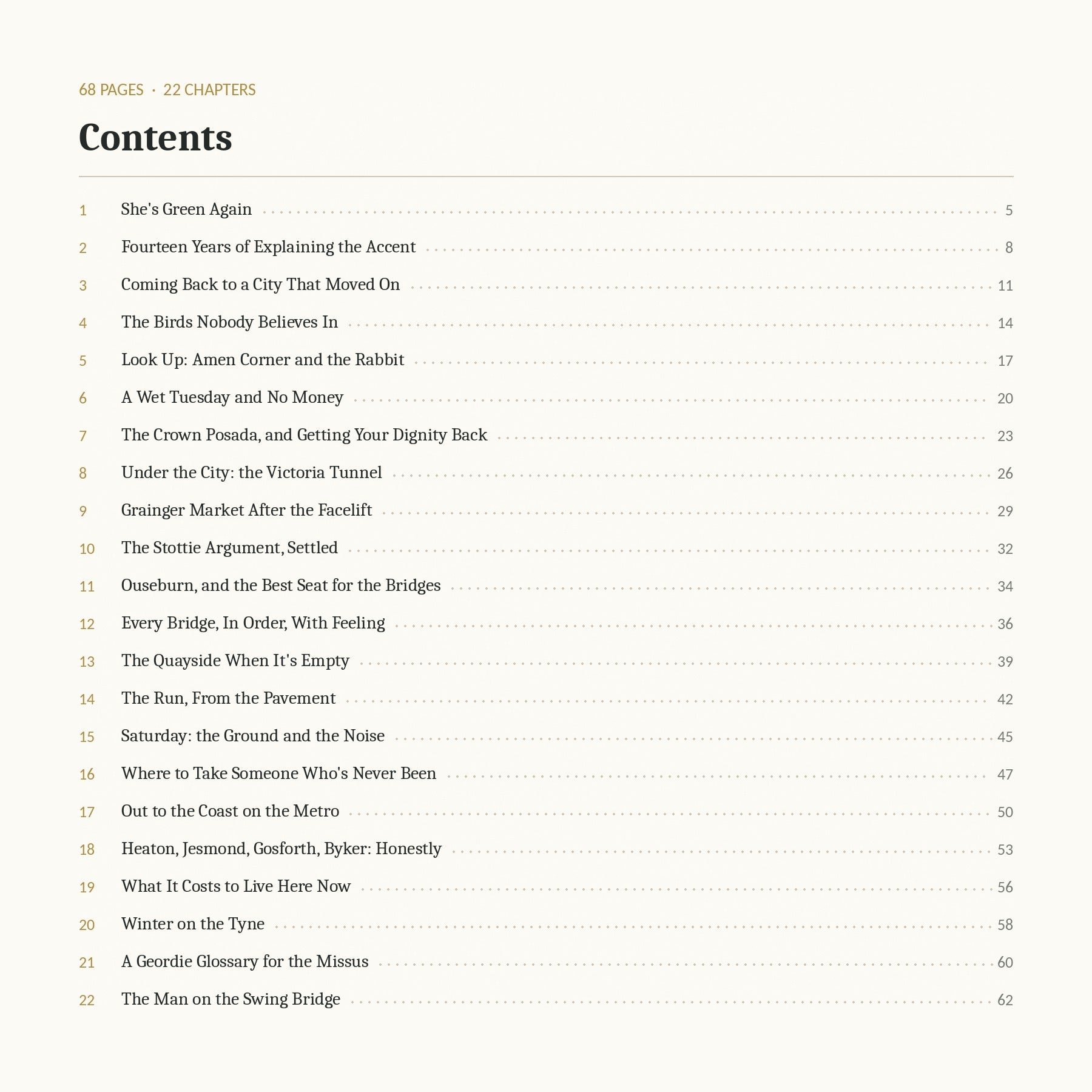 Full contents list, 68 pages and 22 chapters