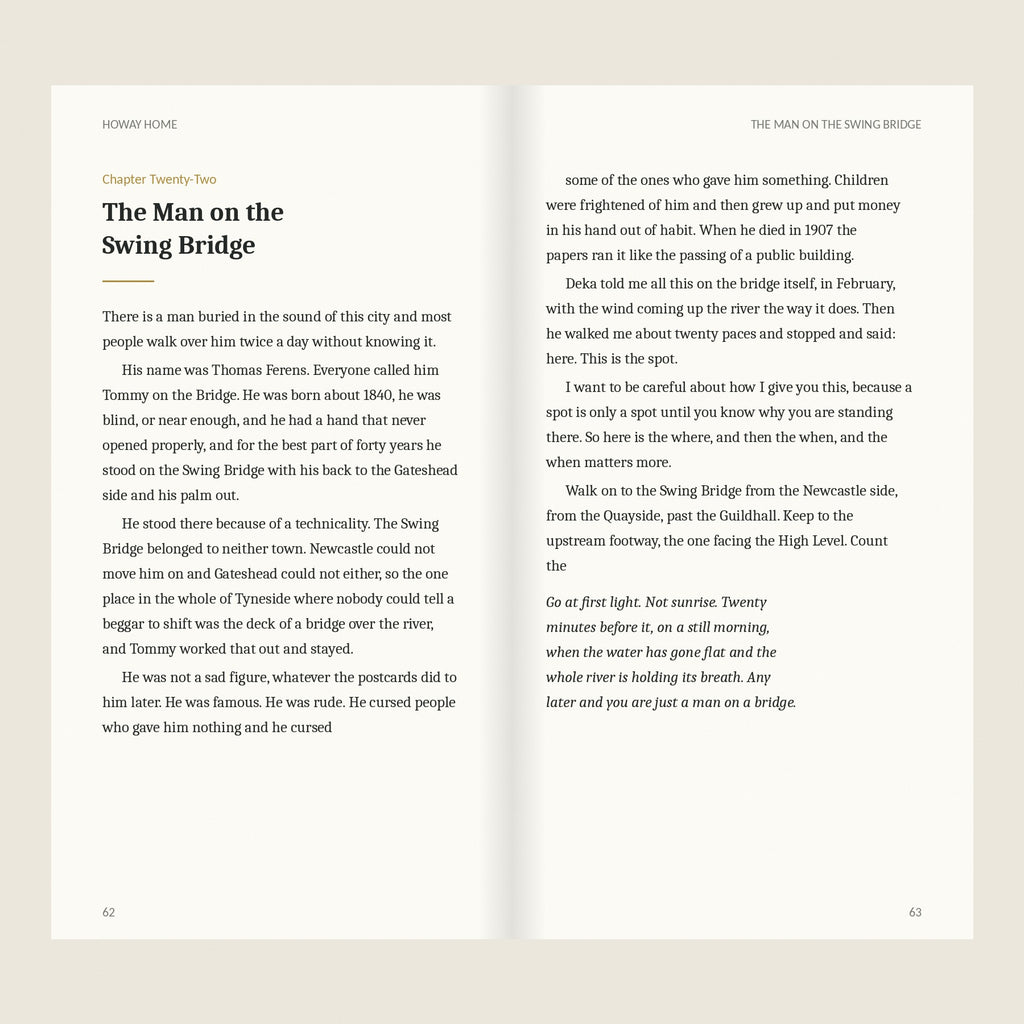 A two page spread from the book, the chapter about Tommy on the Swing Bridge