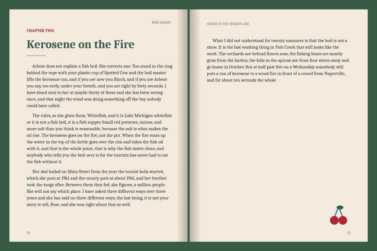A real two-page spread from the Door County ebook, Chapter Two: Kerosene on the Fire