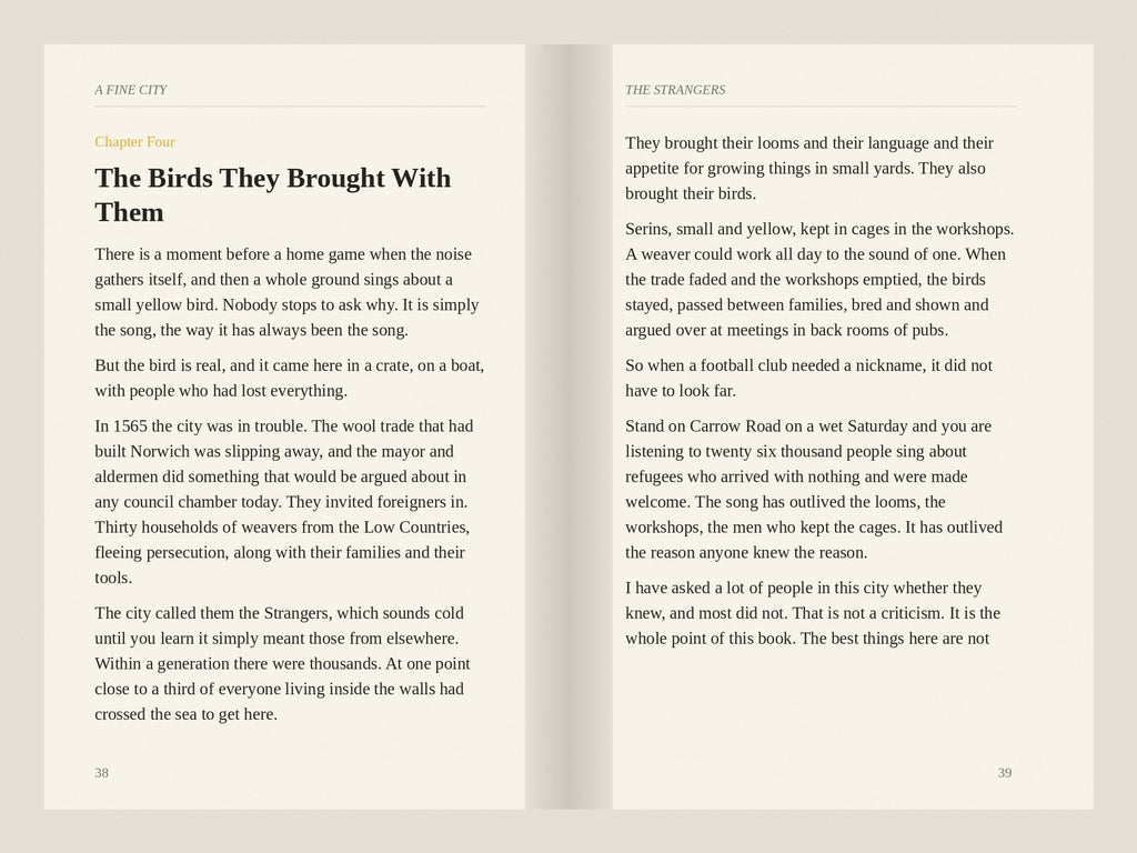 Two page spread from A Fine City, chapter on the Strangers and the canaries