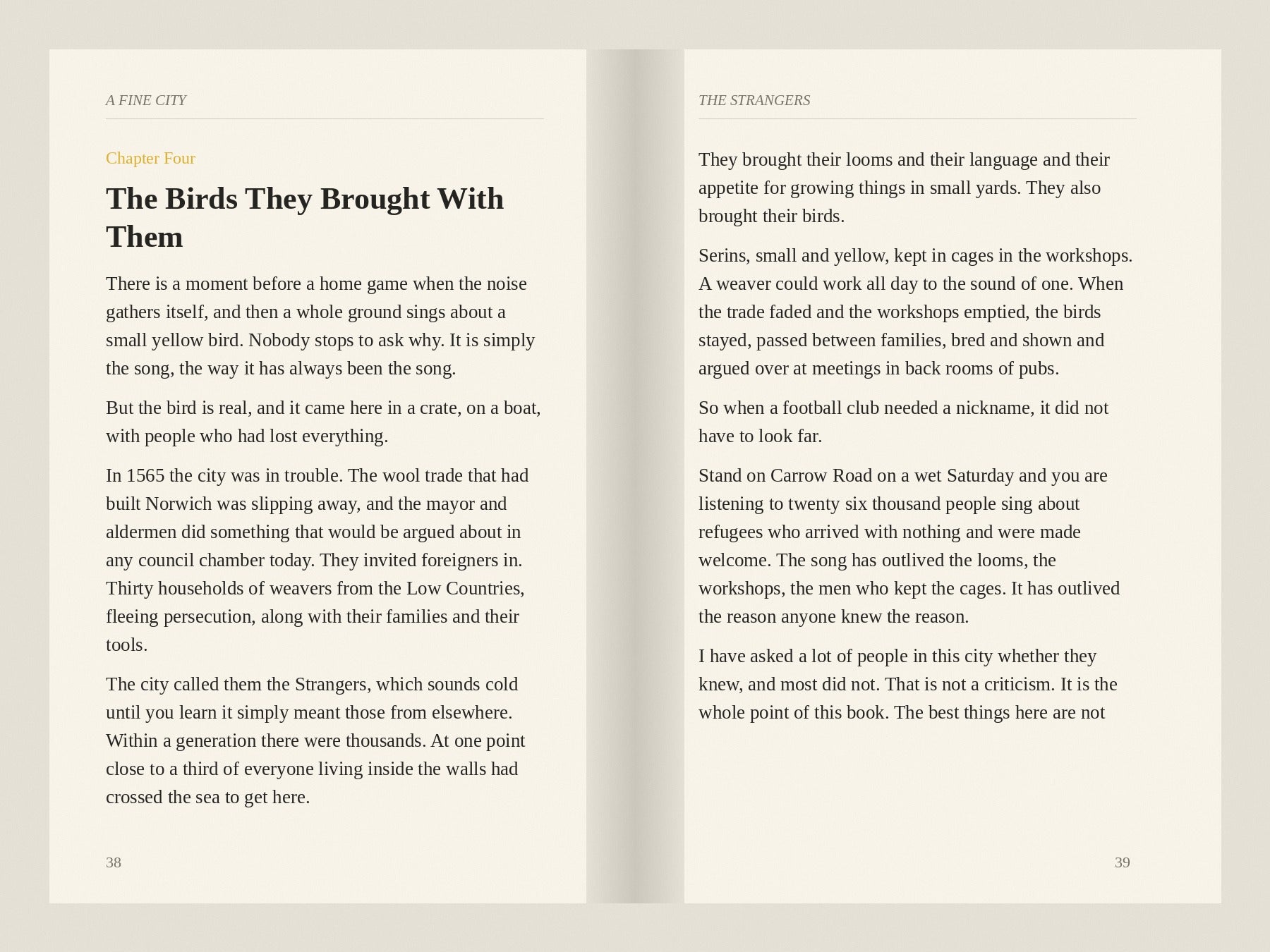 Two page spread from A Fine City, chapter on the Strangers and the canaries