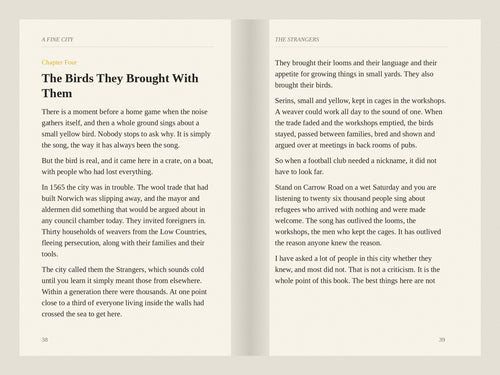 Two page spread from A Fine City, chapter on the Strangers and the canaries