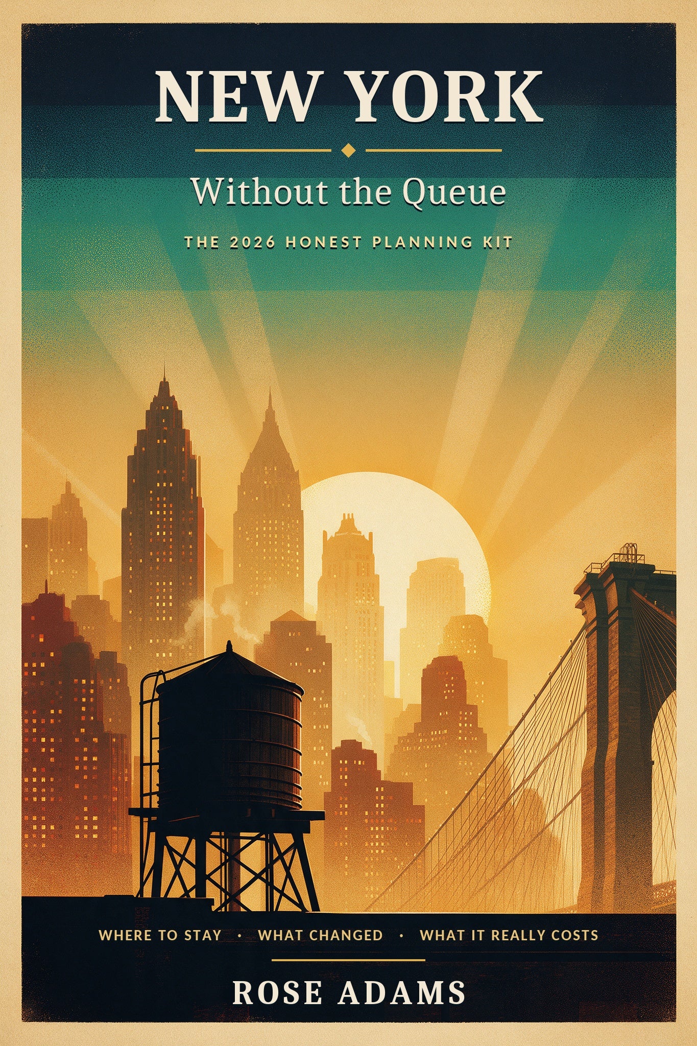 New York Without the Queue, the 2026 honest planning kit by Rose Adams. Art Deco poster cover showing a rooftop water tower silhouetted against the Manhattan skyline at sunset.