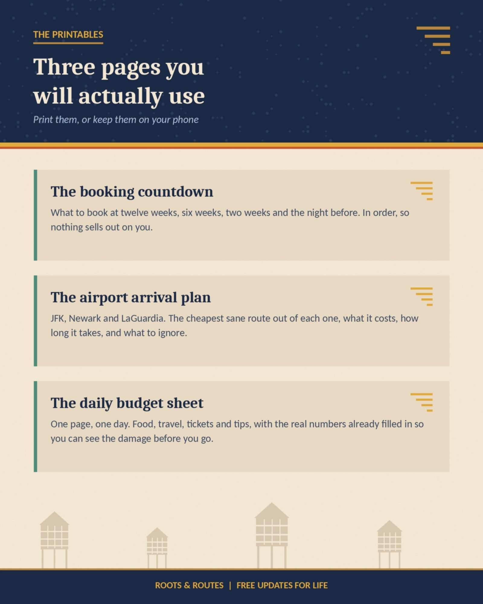 The three printables: booking countdown, airport arrival plan and daily budget sheet