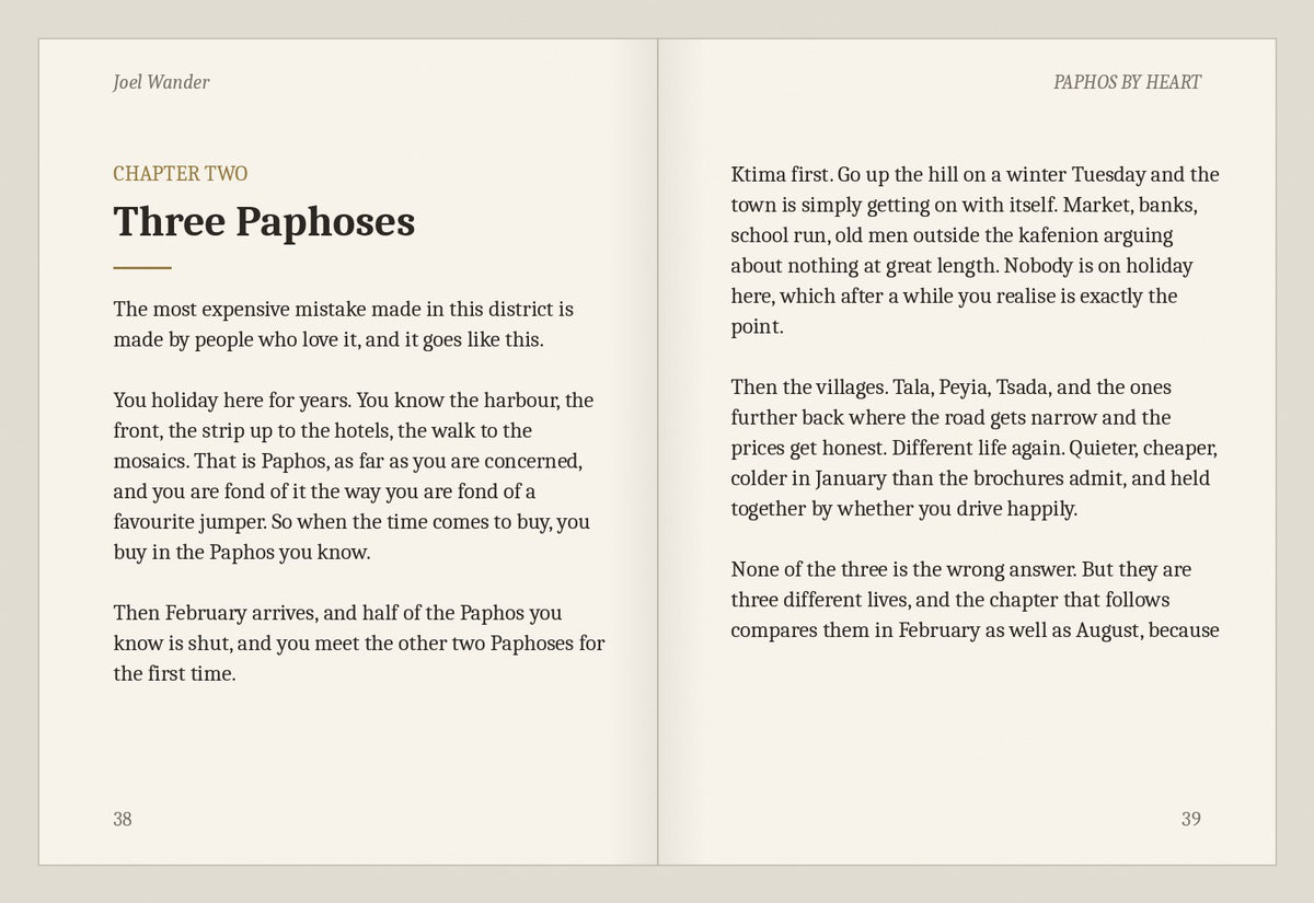 Two-page spread from the Three Paphoses chapter of Paphos By Heart
