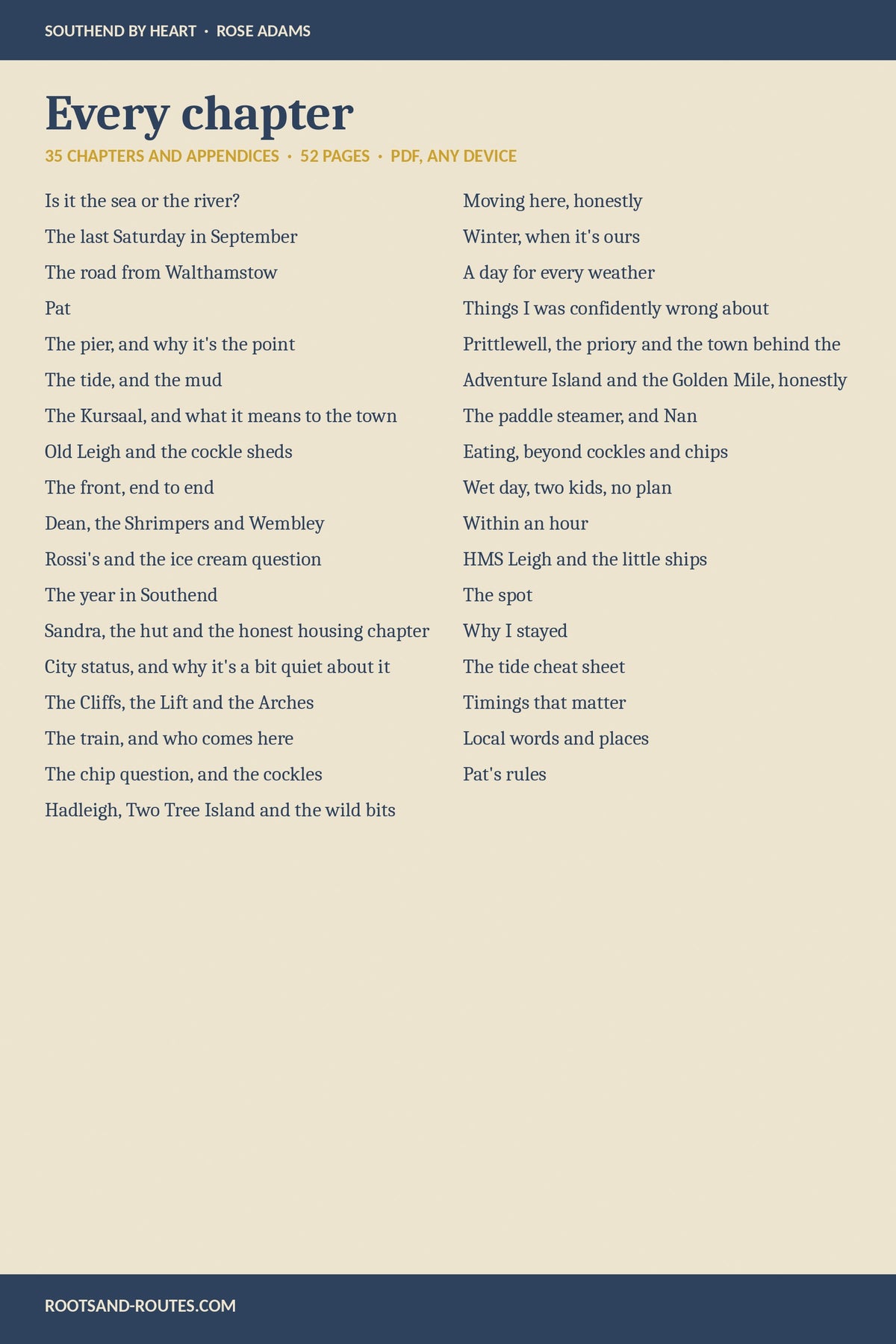 Every chapter in The Sea Goes Out a Mile, 35 chapters and appendices, 51 pages