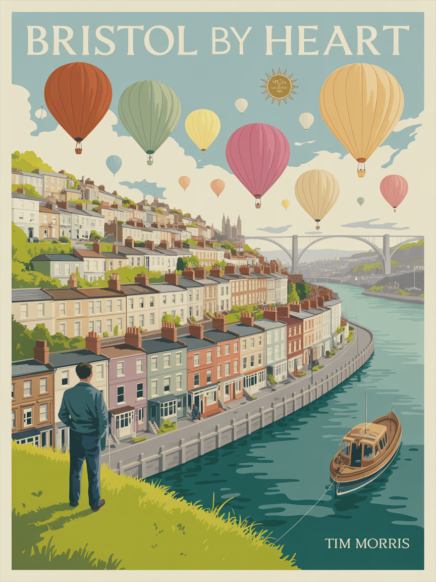 Bristol By Heart ebook cover, vintage railway poster of balloons over Bristol