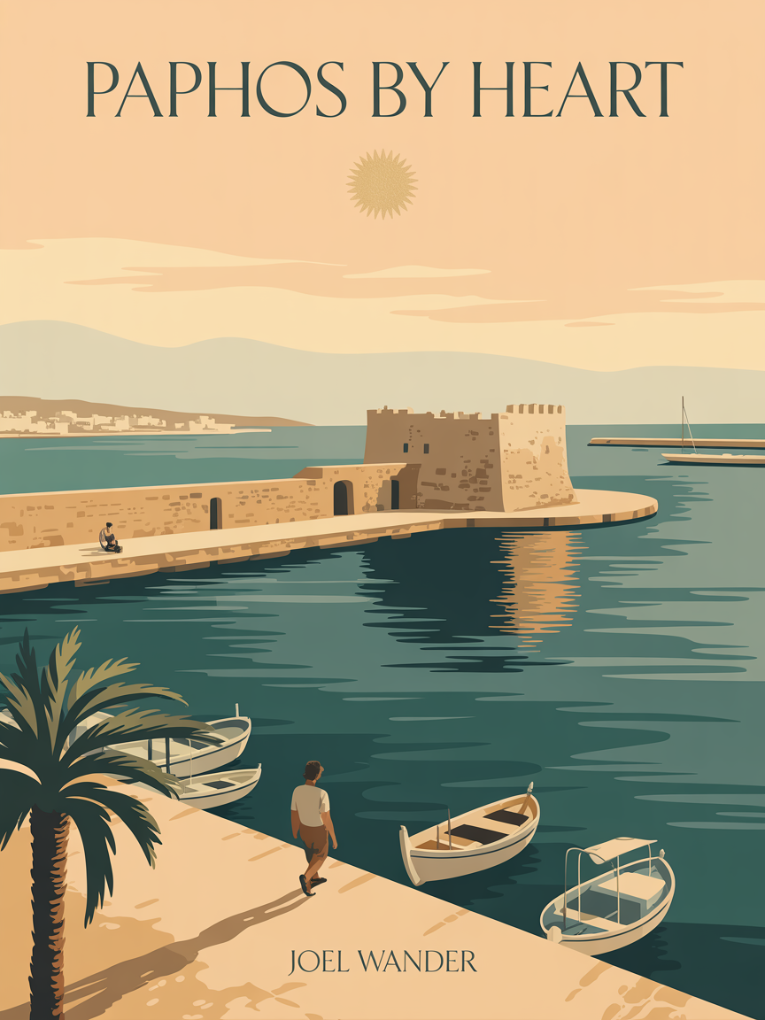 Paphos By Heart ebook cover, vintage Mediterranean travel poster of Paphos harbour
