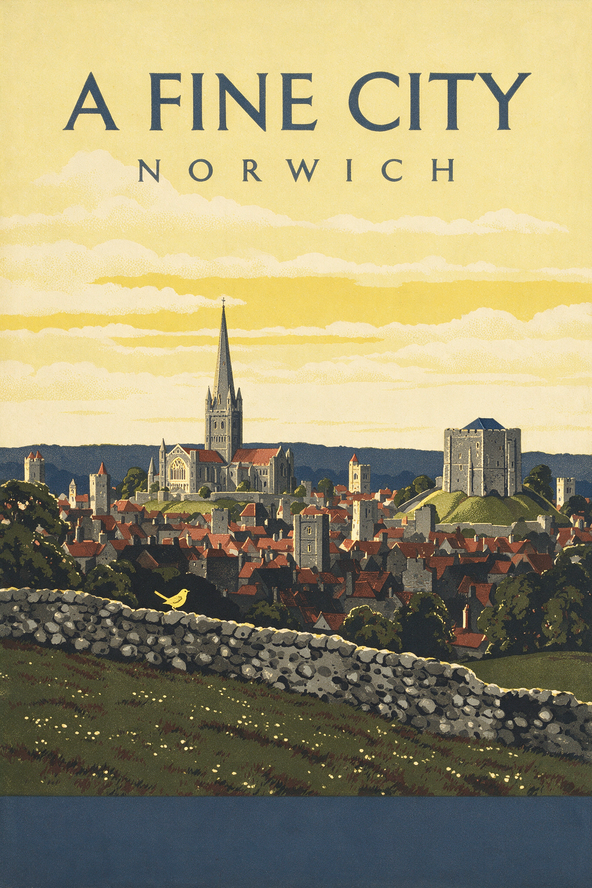 A Fine City ebook cover, Norwich skyline poster with cathedral spire and castle keep