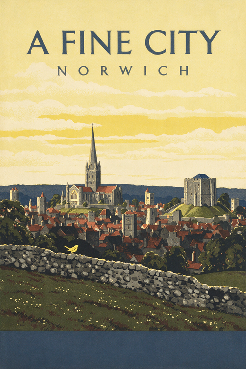 A Fine City ebook cover, Norwich skyline poster with cathedral spire and castle keep