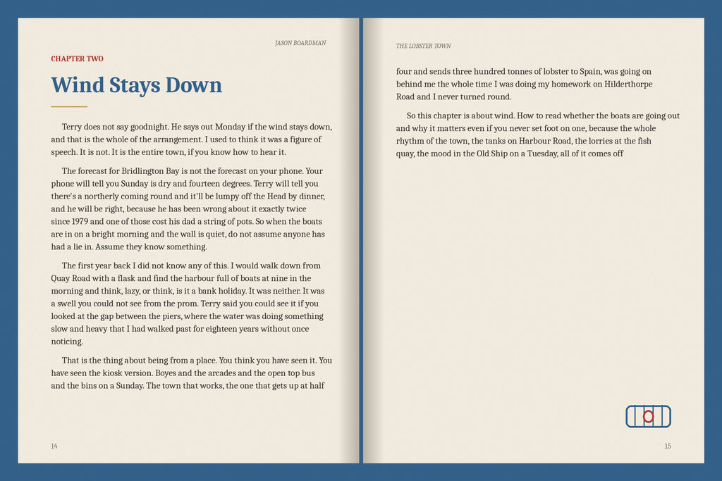 A real two-page spread from the Bridlington ebook, Chapter Two: Wind Stays Down