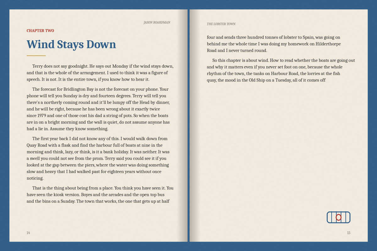 A real two-page spread from the Bridlington ebook, Chapter Two: Wind Stays Down