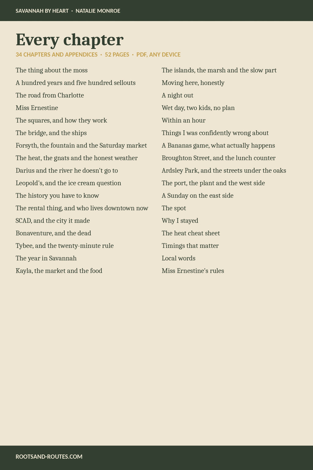 Every chapter in Under the Moss, 34 chapters and appendices, 52 pages