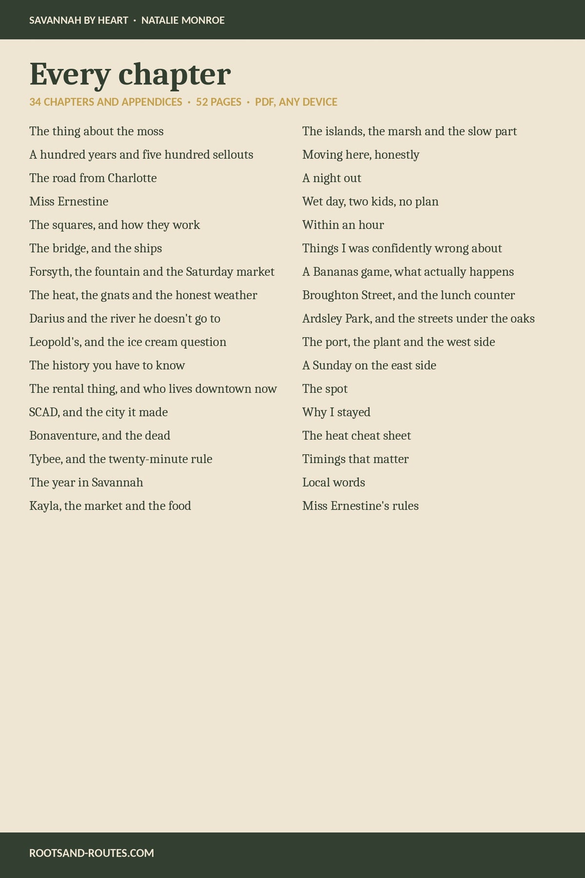 Every chapter in Under the Moss, 34 chapters and appendices, 52 pages